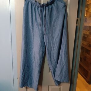 Blue Women Drawstring Linen-Blend Wide Leg Pants
